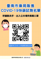 近日新冠疫情升溫，南市公告家用快篩販售地點，請市民盡速接種疫苗及戴口罩