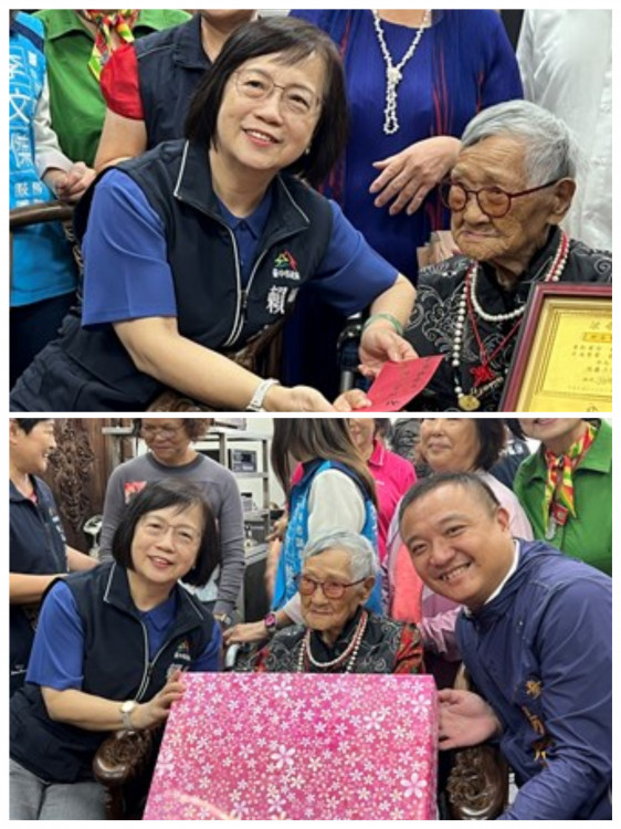  贈大甲區百歲柯阿嬤重陽禮金   副市長賴淑惠祝賀幸福滿溢