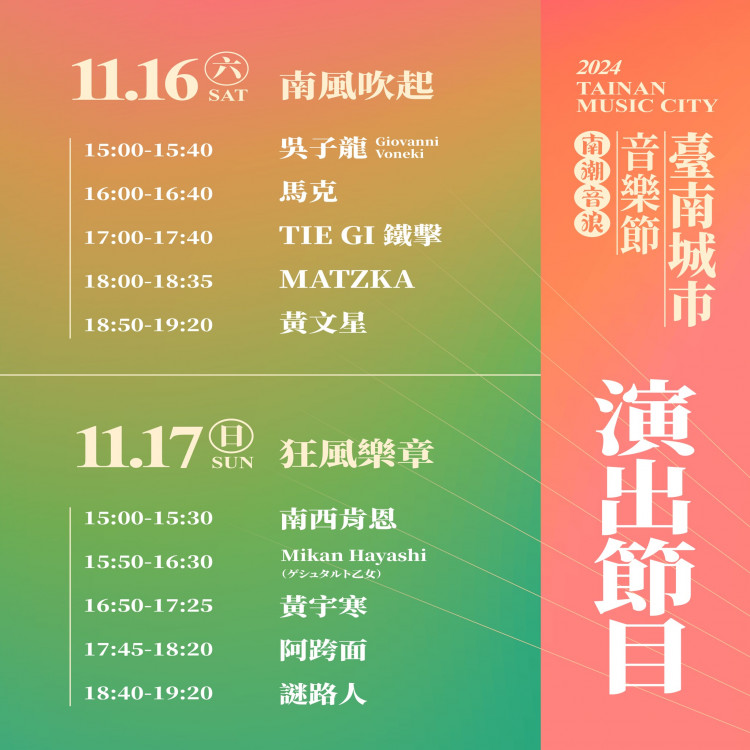 「2024臺南城市音樂節」11月16至17日水交社文化園區登場