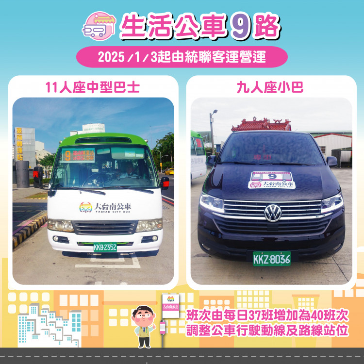 台南市市區公車路網重整  「9路」公車114/1/3起由統聯客運接手上路