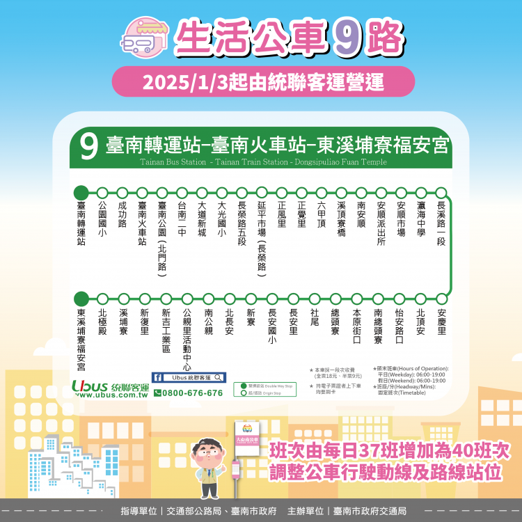 台南市市區公車路網重整  「9路」公車114/1/3起由統聯客運接手上路